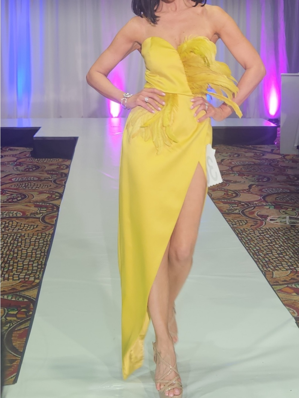 Yellow Feather-Trim Strapless Evening Dress